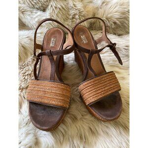 UGG Women's Leather & Woven Straw Wedge Espadrille Sandals Brown Size 7